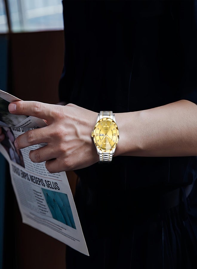 Gosasa Luxury Men's and Women's Business Diamond Stainless Steel Waterproof Roman Numeral Analog Quartz Watch with Day-Date Calendar, Gold and Silver Tone (All Gold, Men) - Image 4